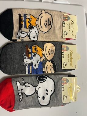 Snoopy & Friends Socks - Beige, Gray, Charcoal 3 Pair Bundle Fits 5 to 9 NWt